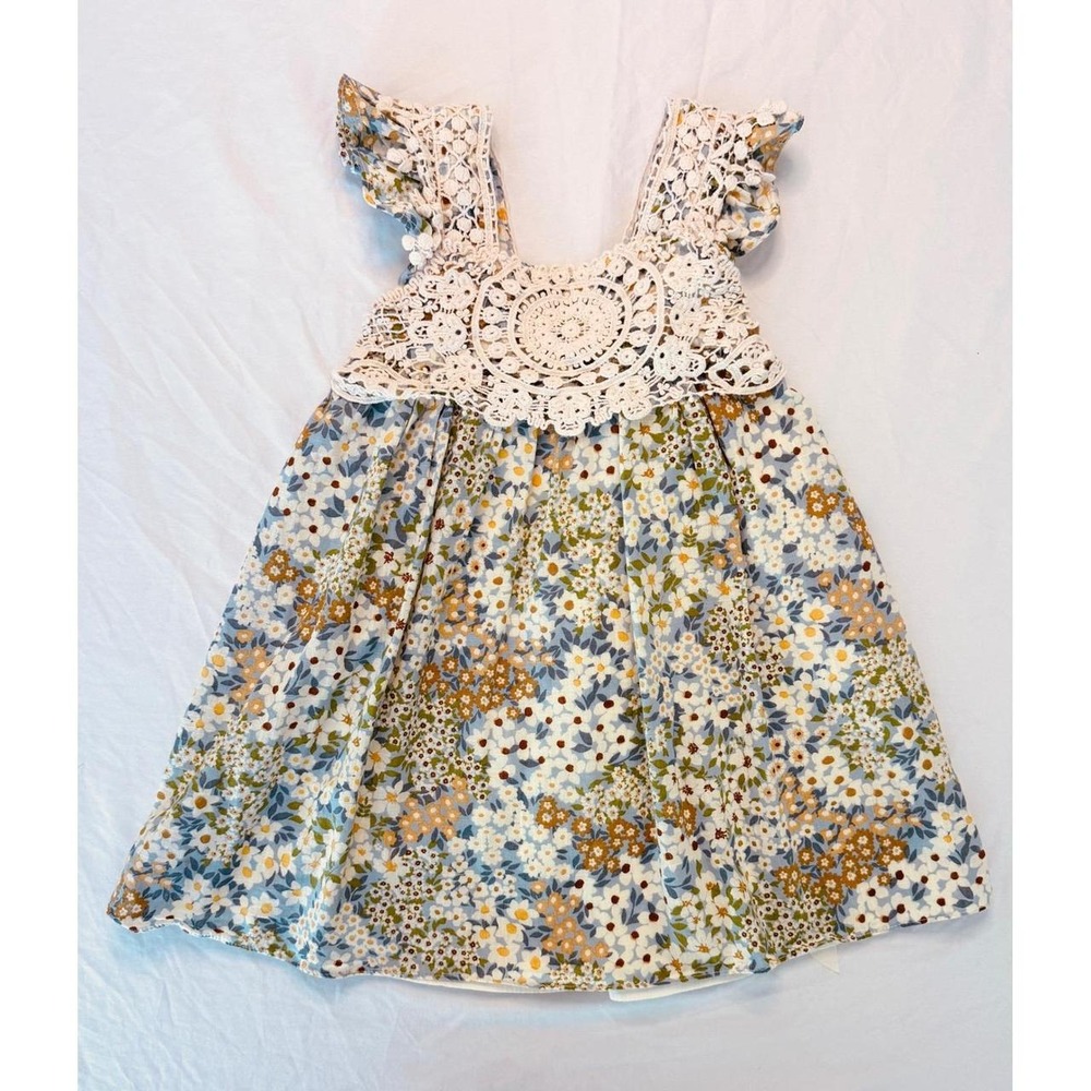 Iris & Ivy Girls 4T Floral Dress Crochet Lace Yoke Flutter Sleeve R2-13466-DS